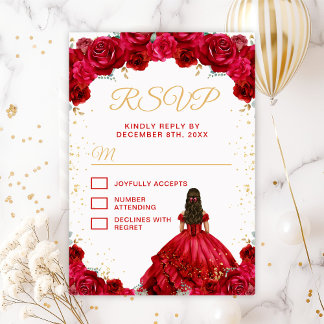 Cartão RSVP Red Princess Floral Quinceañera