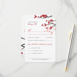 Cartão RSVP Red Sakura Flowers Cherry Blossoms Casamento Asiát