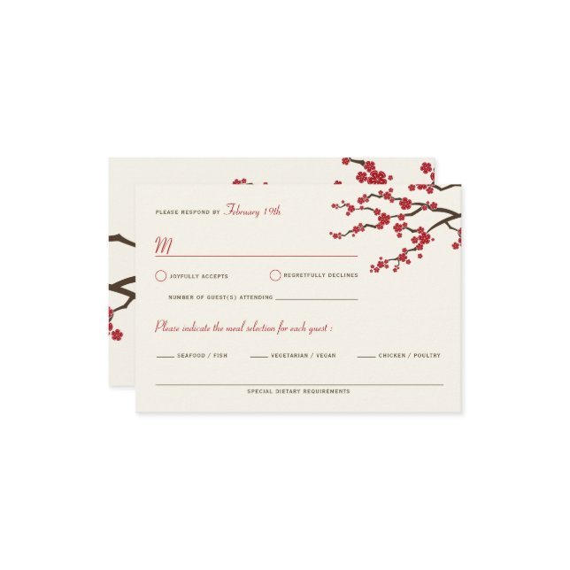 Cartão RSVP Red Sakura Flowers Cherry Blossoms Casamento Asiát (Frente/Verso In Situ)