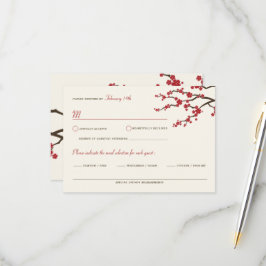 Cartão RSVP Red Sakura Flowers Cherry Blossoms Casamento Asiát