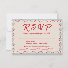 Cartão RSVP Red Script Blue Stripes QR Code Retro Wedding
