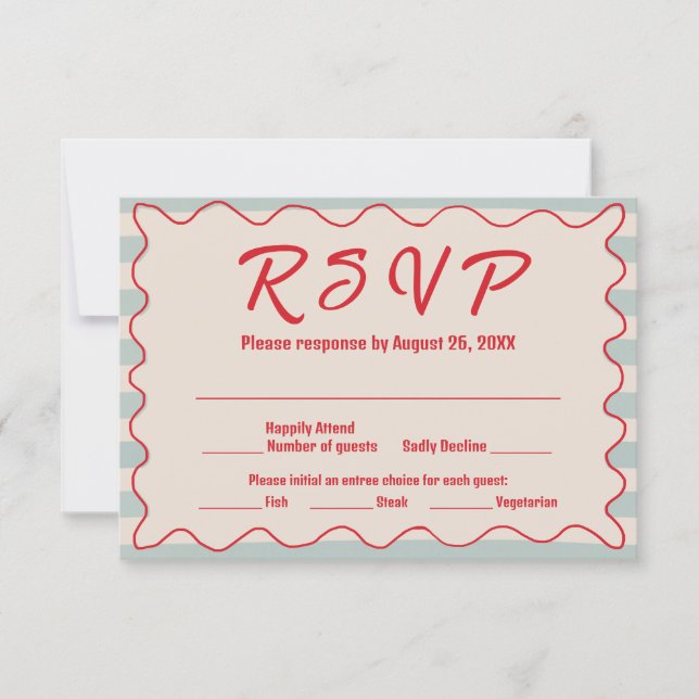 Cartão RSVP Red Script Blue Stripes QR Code Retro Wedding (Frente)