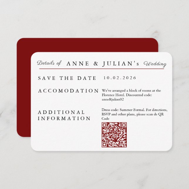 Cartão RSVP Red Simple Wedding Invitation Details Card (Frente/Verso)