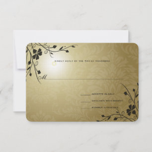 Cartão RSVP Redemoinhos Pretos Damasco Metálico Dourado Casame