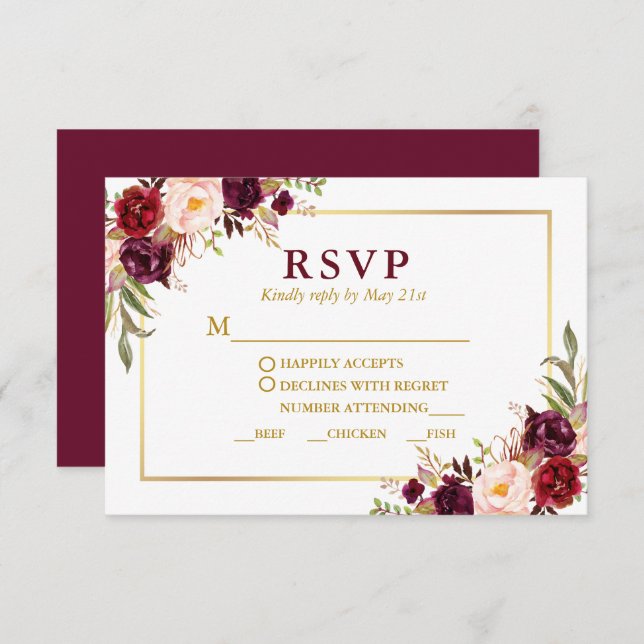 Cartão RSVP Refeição De Casamento Dourado Floral Elegante Burg (Frente/Verso)