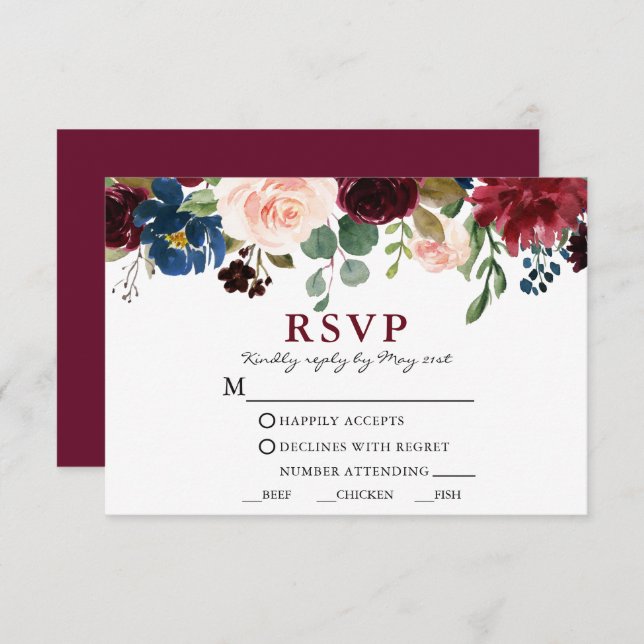 Cartão RSVP Refeição De Casamento Elegante Floral Da Watercolo (Frente/Verso)