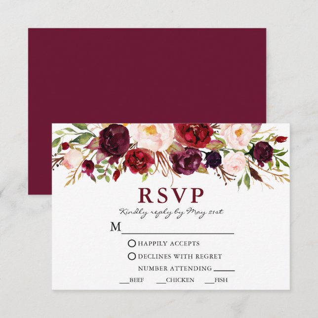 Cartão RSVP Refeição De Casamento Floral Rosa-Rosa-De-Aquarela (Frente/Verso)