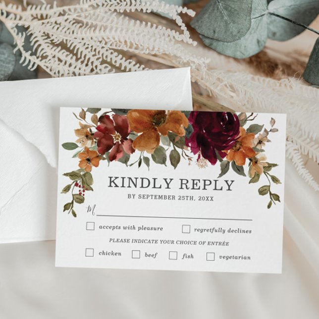 Cartão RSVP Refeição De Casamento Floral Rustic Burgundy Burnt (rustic-elegant-burgundy-burnt-orange-floral-autumn-fall-wedding-rsvp-response-reply-cards-printed)