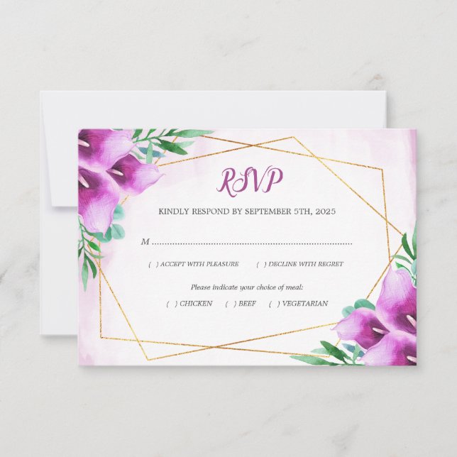 Cartão RSVP Refeição de Casamento Lily - Roxo Geométrico Moder (Frente)