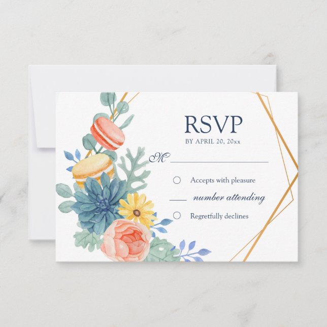 Cartão RSVP Refeição De Casamento Macaron Suculente E Floral E (Frente)
