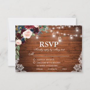 Cartão RSVP Refeição floral azul de madeira rústica Wedding