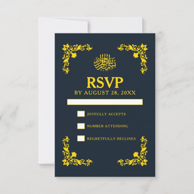 Cartão RSVP Regal Contrast Midnight Blue & Gold Wedding (Frente)