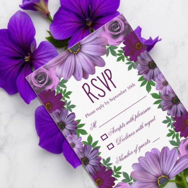 Cartão RSVP Regal Purple Floral Wedding (Criador carregado)