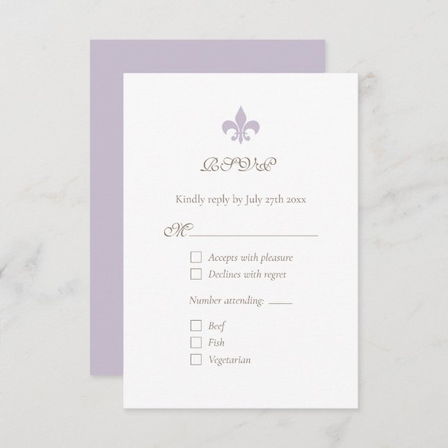 Cartão RSVP Regência Francesa Roxo Fleur de Lis Chic (Frente/Verso)