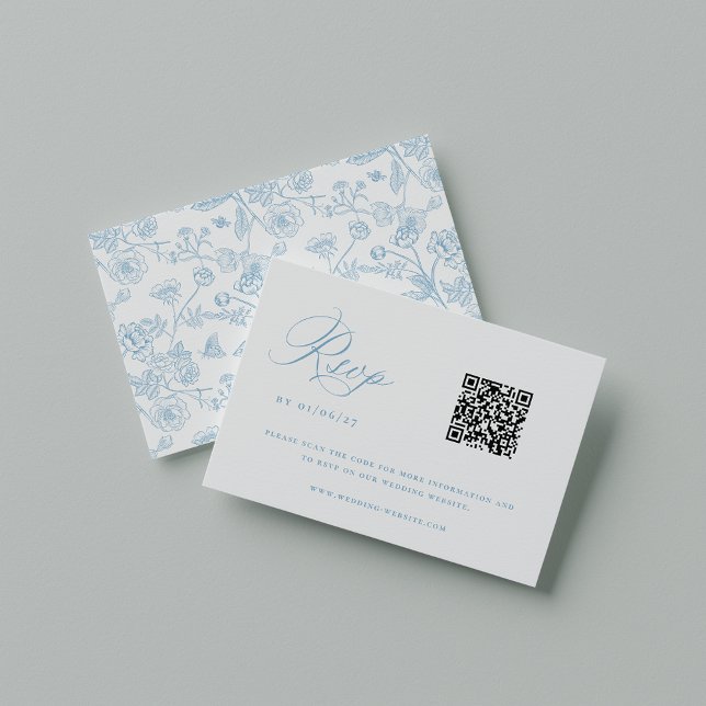 Cartão RSVP Regency Light Blue Chinoiserie Casamento QR Code (Criador carregado)