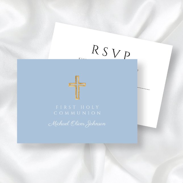 Cartão RSVP Religião Cross Baby Blue Boy Primeira Comunhão (Religious Cross Baby Blue Boy First Communion RSVP Card)