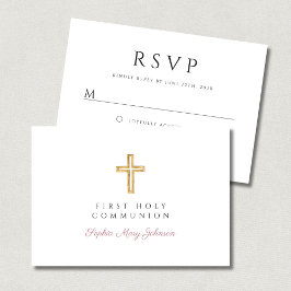 Cartão RSVP Religious Cross Pink GIrl First Communion 