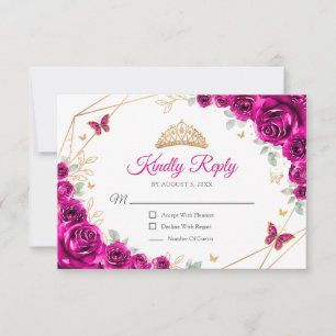 Cartão RSVP Réplica de Quinceanera Rosa Dourado Floral Fúcsia