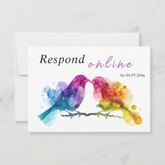 Cartão RSVP Responda aos pássaros LGBTQ+ do Arco-Íris Online (Frente)