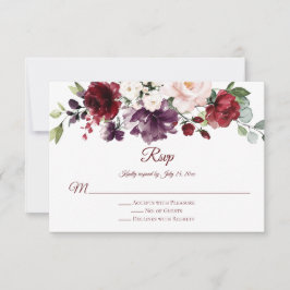 Cartão RSVP Responda em Roxo Branco Verde Floral Vermelho