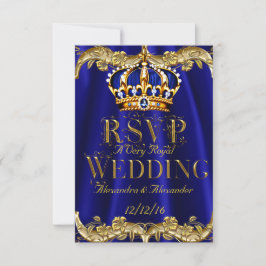 Cartão RSVP Responder Azul Real Marinho Casamento Coroa Dourad