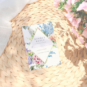 Cartão RSVP Responder   Flor de Aquarela Azul e Roxo com Doura
