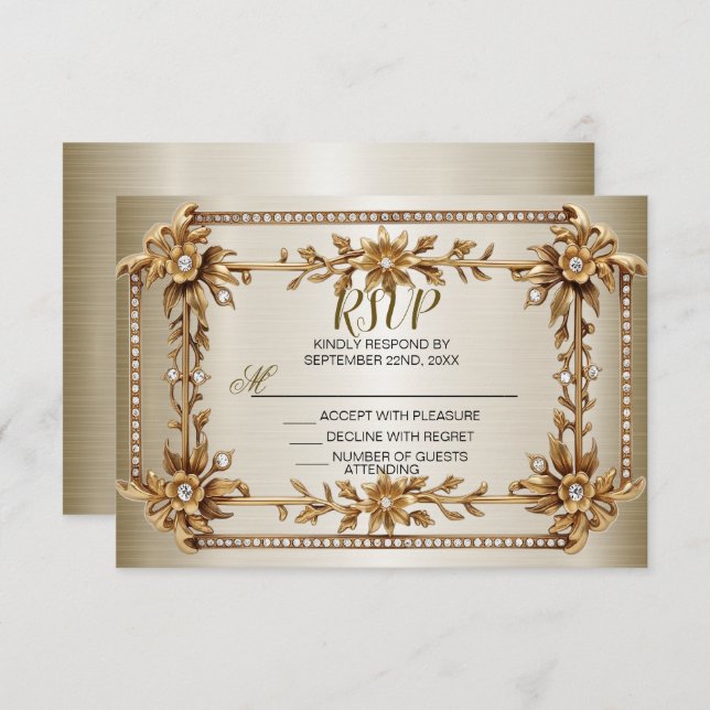 Cartão RSVP Retângulo de Ornamentado Dourado de Casamento Flor (Frente/Verso)