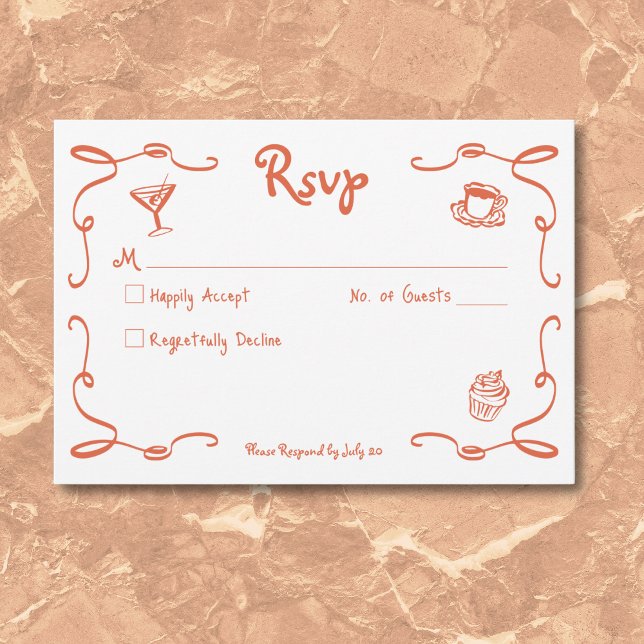 Cartão RSVP Retrato Whimsical Desenhou Casamento Laranja Sunse (Whimsical Retro Hand Drawn Sunset Orange Wedding RSVP Card)