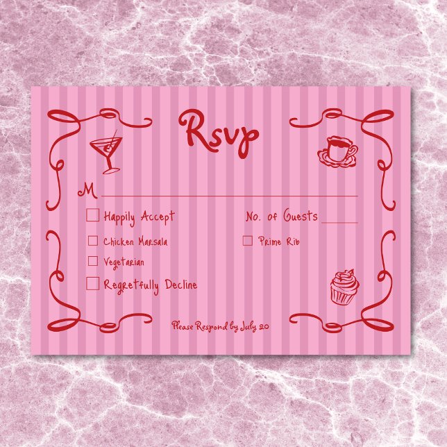 Cartão RSVP Retrato Whimsical Retron Mão Retraçada Vermelha Co (Whimsical Retro Hand Drawn Pink Red Wedding Stripe RSVP Card)