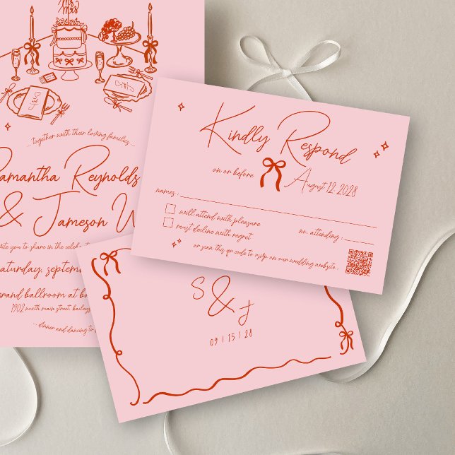 Cartão RSVP Retrô Desenhado à Mão Escrivado Rosa e Casamento V (Minimalist retro pink and red hand drawn bow scribble doodle qr code wedding invitation rsvp card)