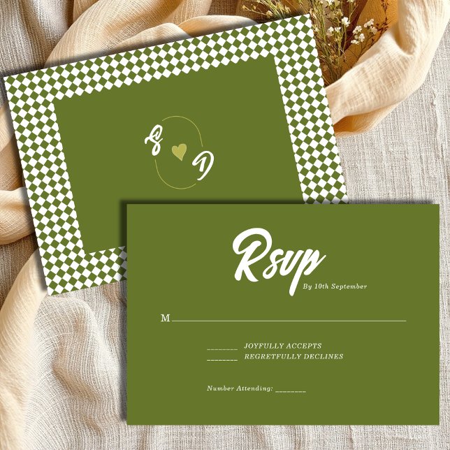 Cartão RSVP Retro Olive green Minimalist Checkered Wedding (Criador carregado)