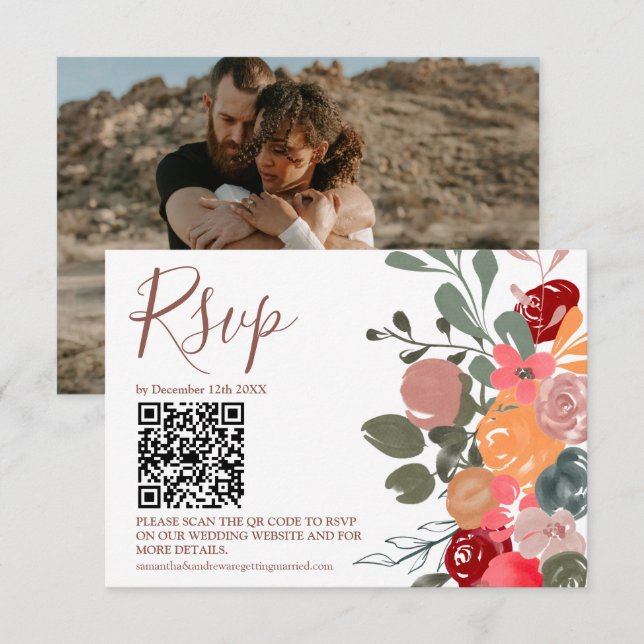 Cartão RSVP Retro outono foto floral de aquarela QR casamento  (Frente/Verso)