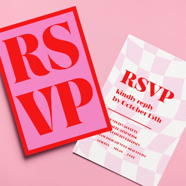 Cartão RSVP Retro Pink Red Pattern Bold Typography Wedding (Criador carregado)