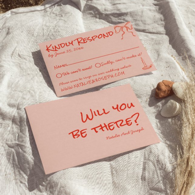 Cartão RSVP Retro Quirky Hand Drawn Pink Red Unique Wedding (Criador carregado)