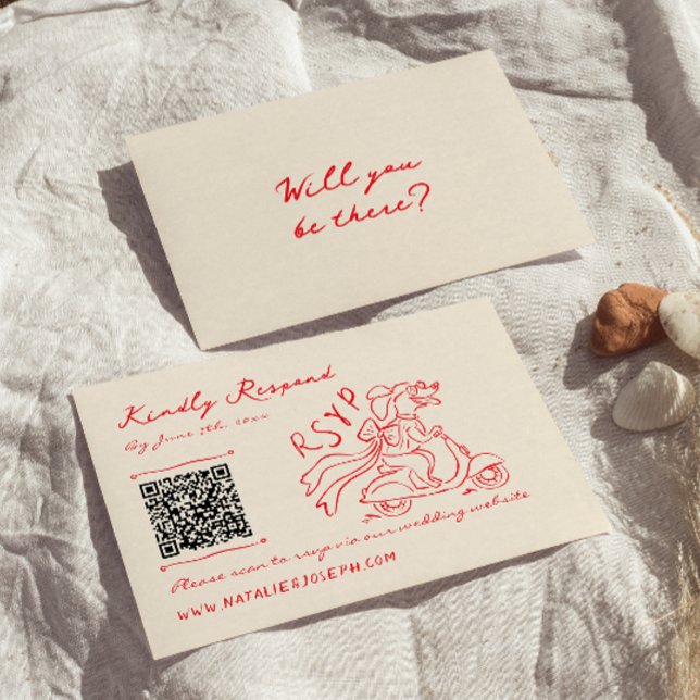 Cartão RSVP Retro Red Hand Drawn Quirky Cute QR Code Casamento (Criador carregado)