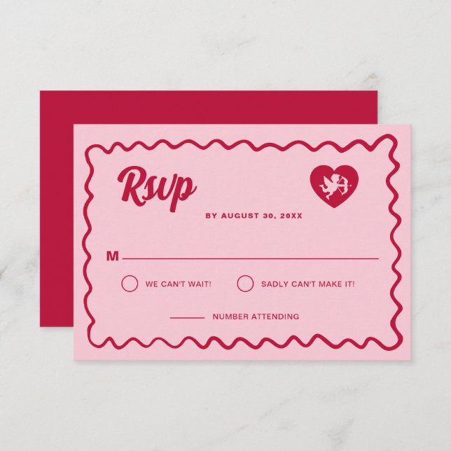 Cartão RSVP Retro Wavy Frame Red Pink Cupid Heart Wedding (Frente/Verso)