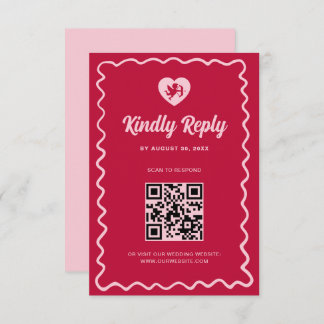 Cartão RSVP Retro Wavy Frame Red Pink Cupid Wedding QR Code