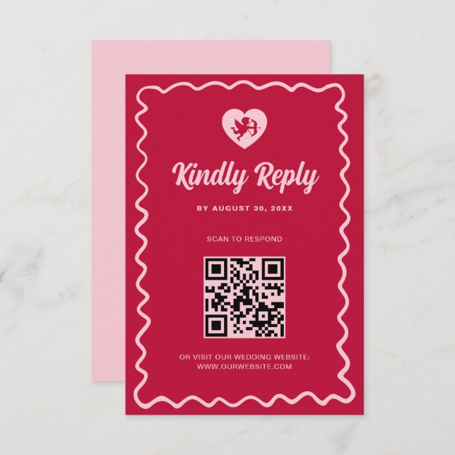 Cartão RSVP Retro Wavy Frame Red Pink Cupid Wedding QR Code (Frente/Verso)