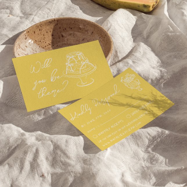 Cartão RSVP Retro Yellow  Hand Drawn Cake Floral Wedding (Criador carregado)