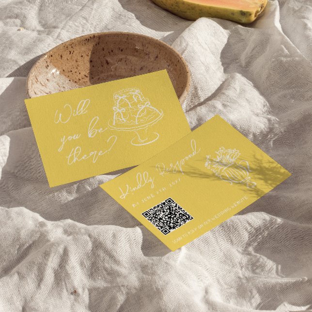 Cartão RSVP Retro Yellow Hand Drawn Floral QR Code Wedding  (Criador carregado)
