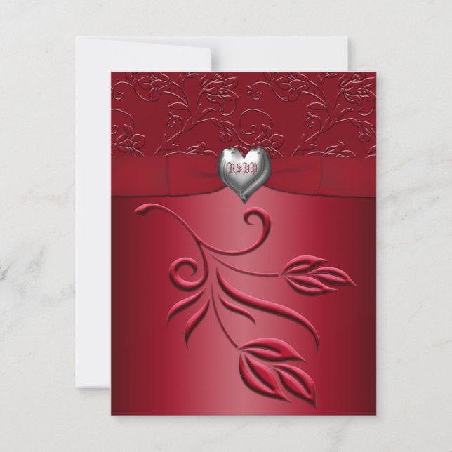 Cartão RSVP Rich Red Silver Heart Reply Card (Frente)