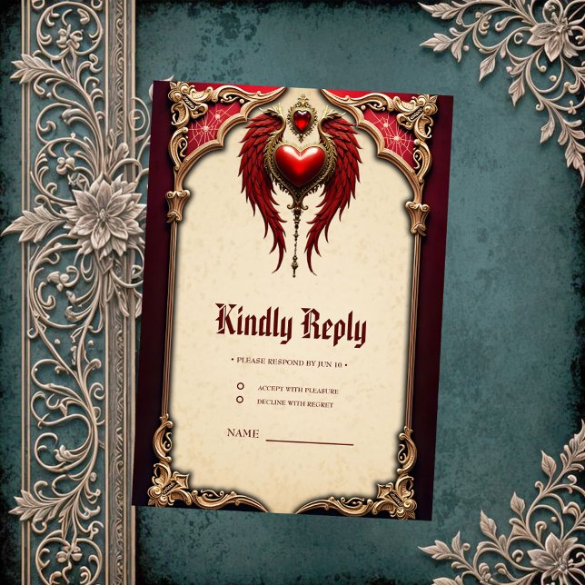 Cartão RSVP Romance venenoso com coração e asas. (Criador carregado)