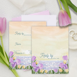 Cartão RSVP Romantic Beach Sunset Purple Florals Wedding Reply
