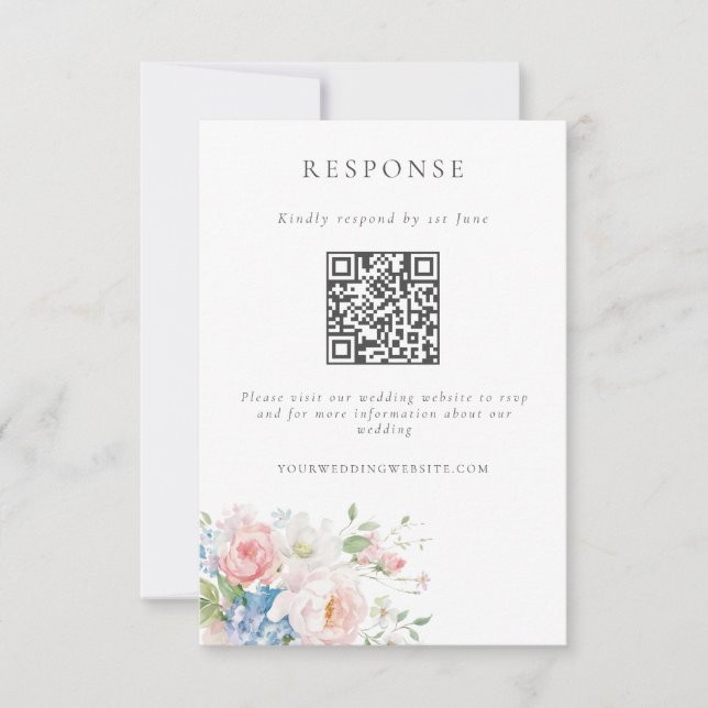 Cartão RSVP Romantic Blue & Pink Pastel Floral QR Code Wedding (Frente)