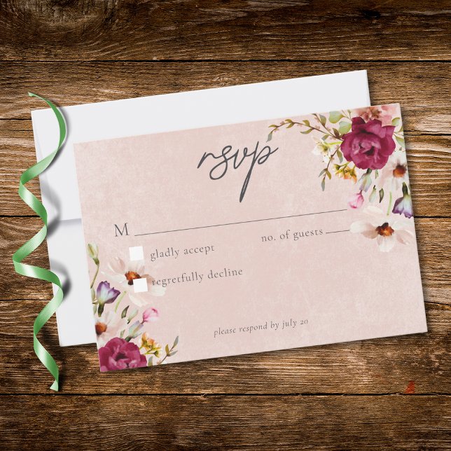 Cartão RSVP Romantic Burgundy Blush Floral Garden Wedding (Romantic Burgundy Blush Floral Garden Wedding RSVP Card)
