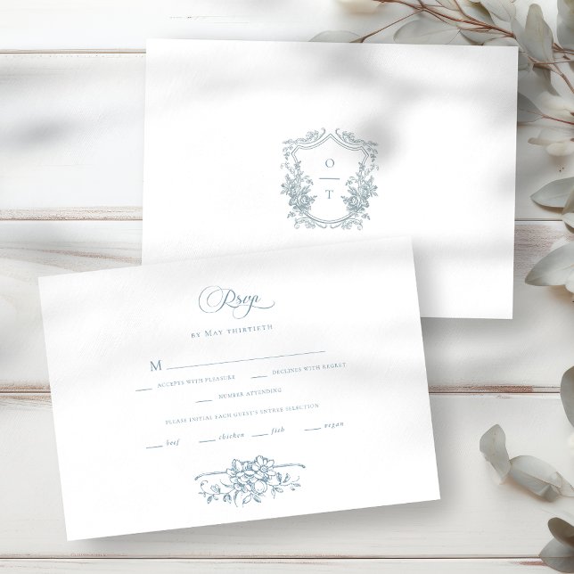 Cartão RSVP Romantic Dusty Blue Line Art Floral Wedding (Criador carregado)