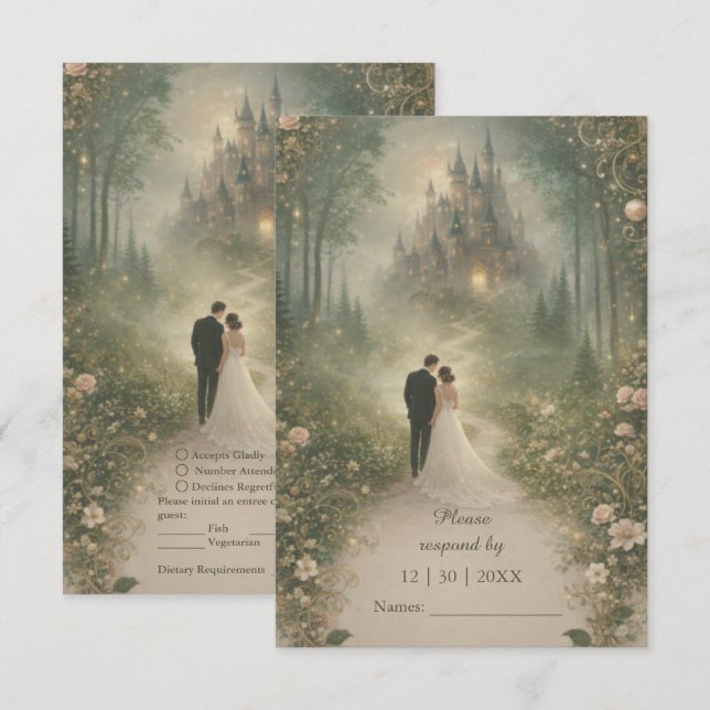 Cartão RSVP Romantic Fairytale Castle Forest Path Wedding (Frente/Verso)