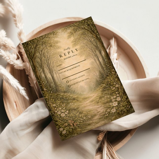 Cartão RSVP Romantic Forest Path Wedding (Criador carregado)