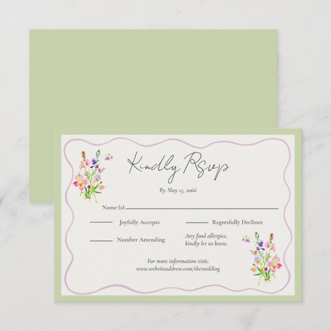 Cartão RSVP Romantic Garden Green Floral Wedding  (Frente/Verso)