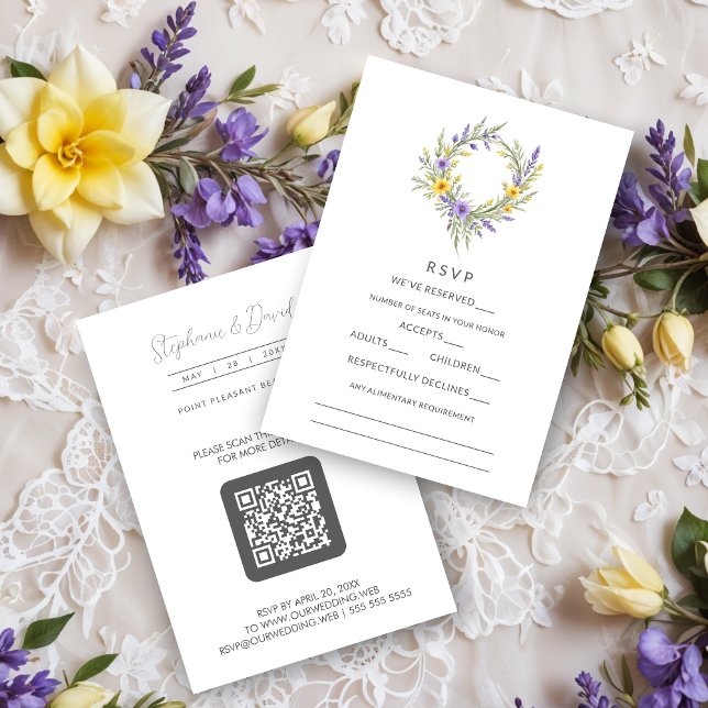 Cartão RSVP Romantic Minimal Wedding Yellow & Lavender Wreath (Romantic Minimalist Wedding Yellow & Lavender Wreath RSVP Cards. )